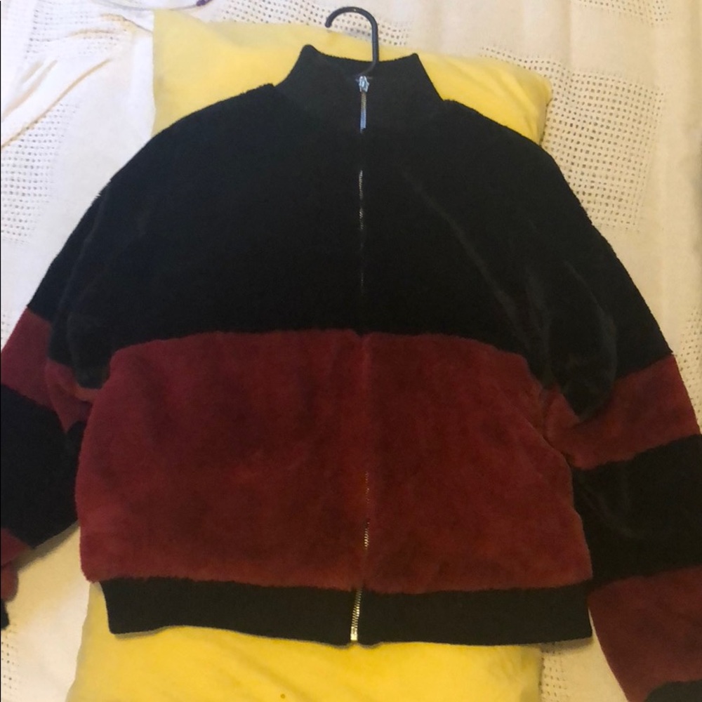 Black and red fake fur coat